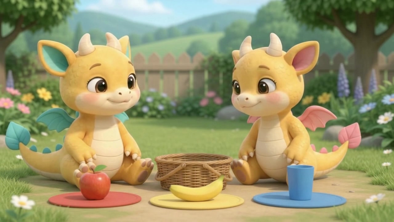 The dragon sisters learning red, yellow and blue at their picnic