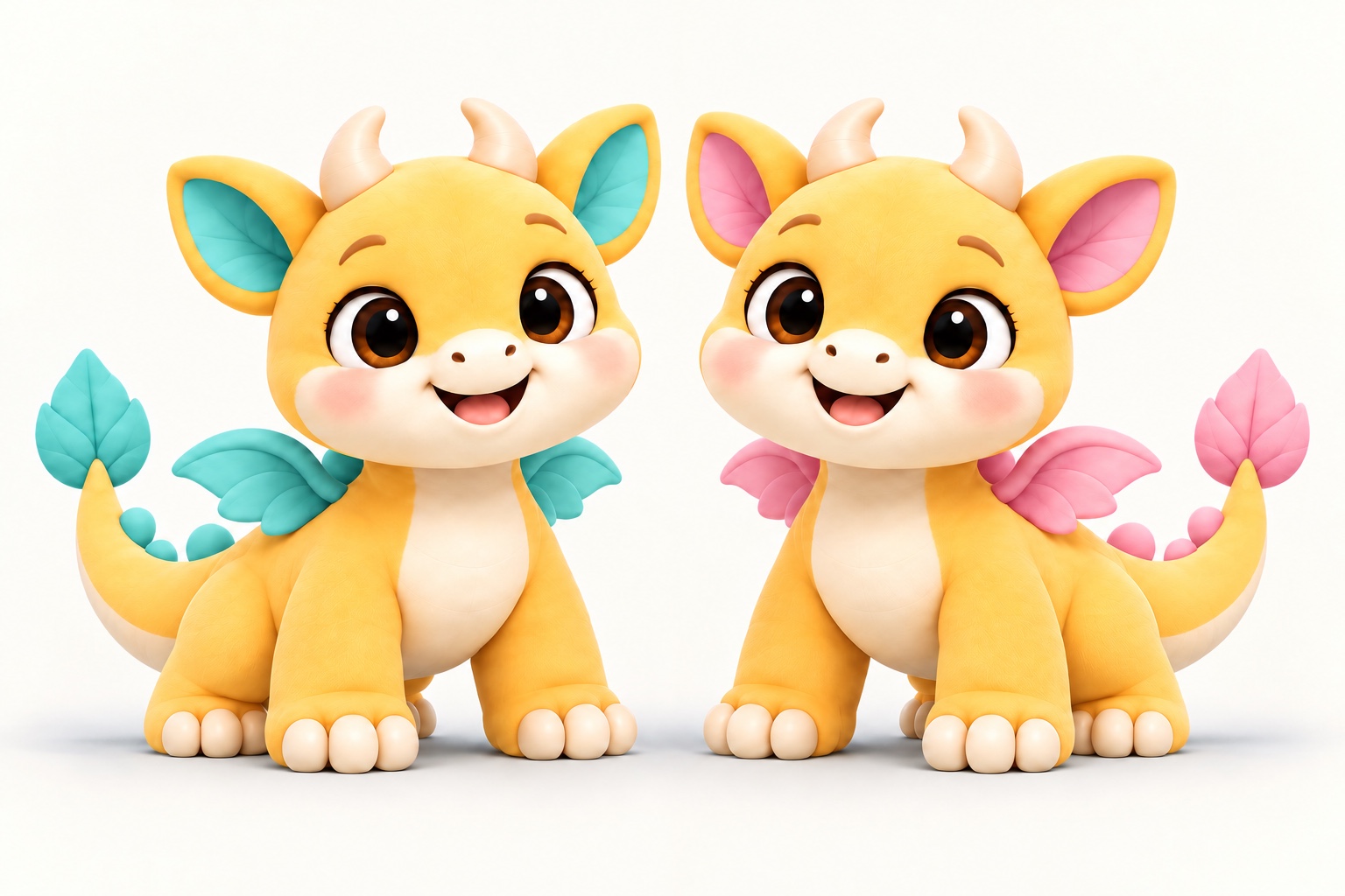 Twin baby dragon sisters MEE-mo in turquoise and REE-mo in pink, smiling side by side