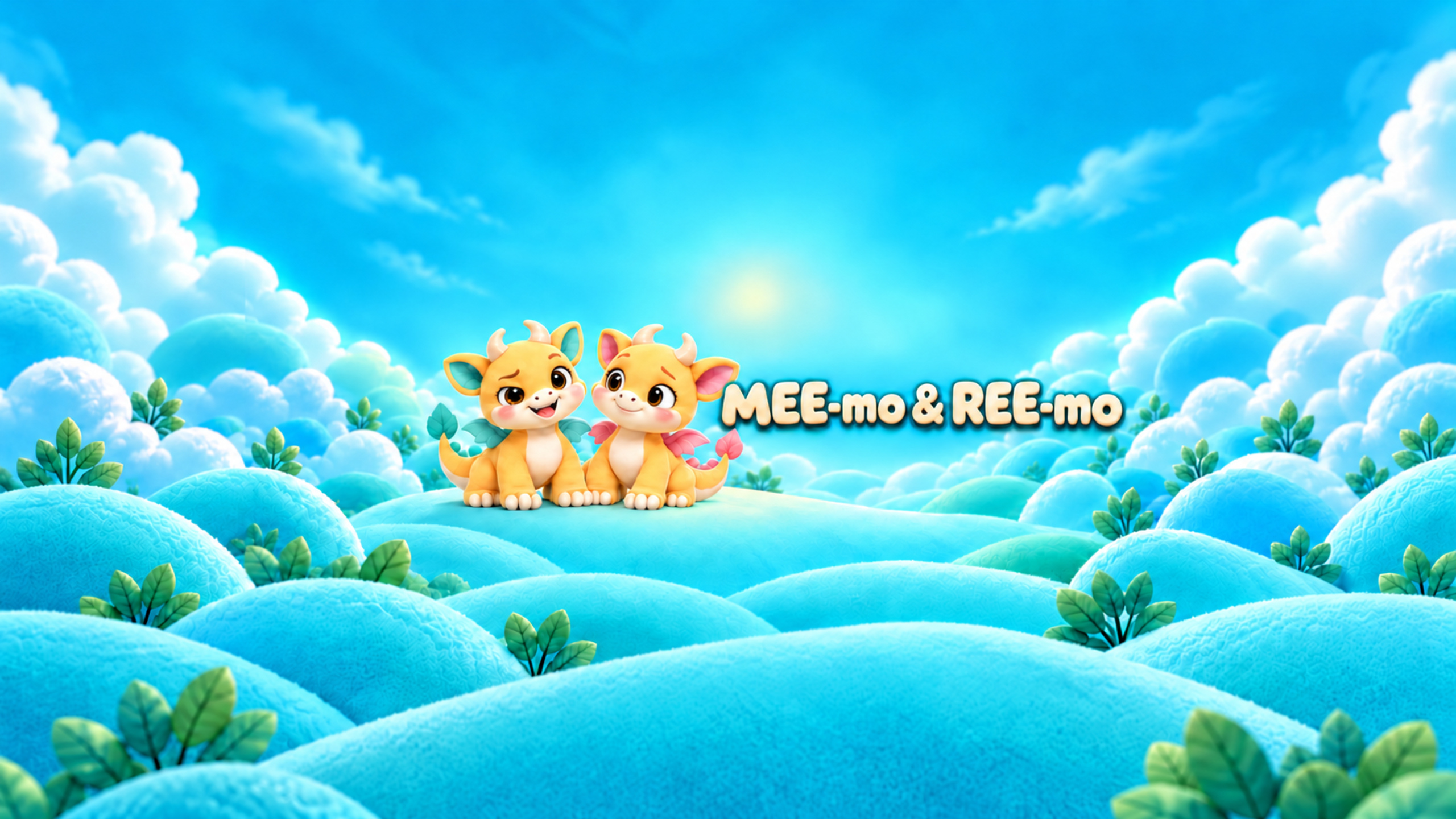MEE-mo and REE-mo in their turquoise storybook world