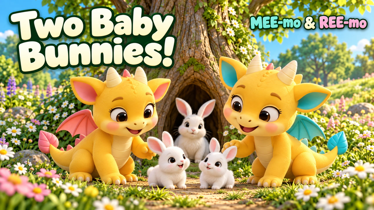MEE-mo and REE-mo meeting a white bunny and two baby bunnies in the garden